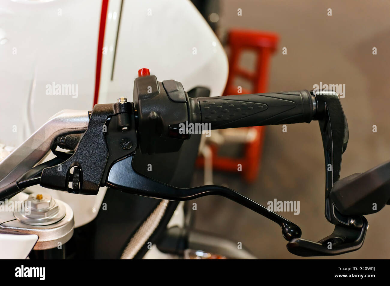 Closeup photo of new motorcycle front suspension; note shallow depth of