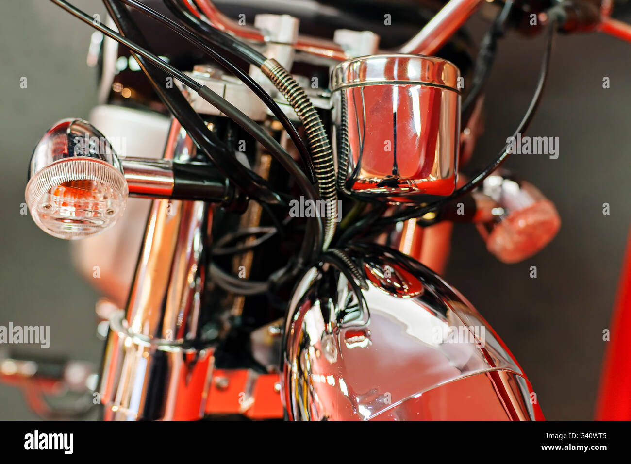 Closeup photo of new motorcycle front suspension; note shallow depth of