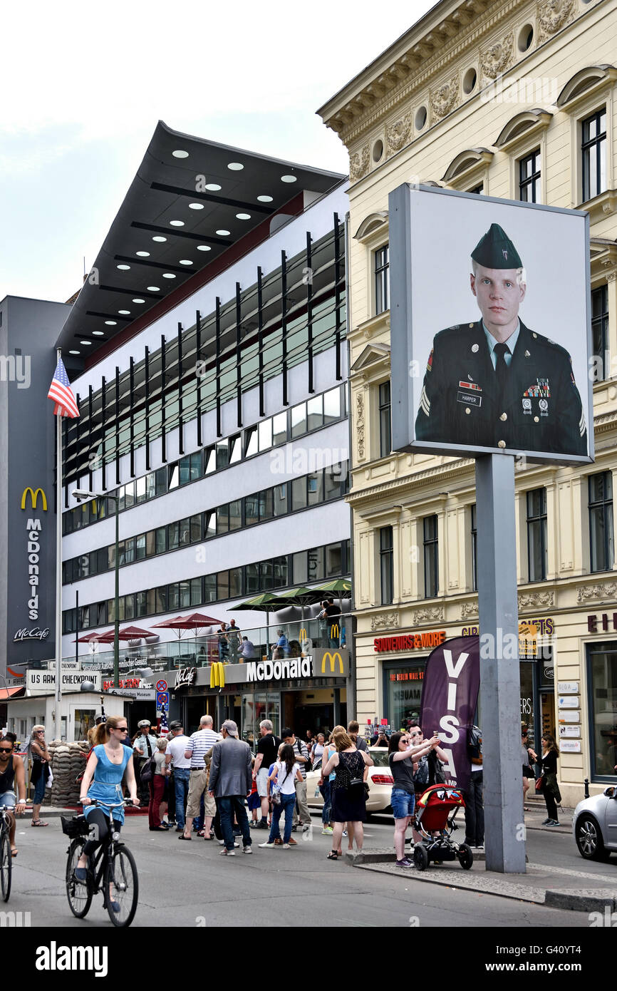 Checkpoint Charlie ( Checkpoint C )Friedrichstrasse   was the best-known Berlin Wall crossing point between East Berlin and West Berlin during the Cold War. Germany Stock Photo
