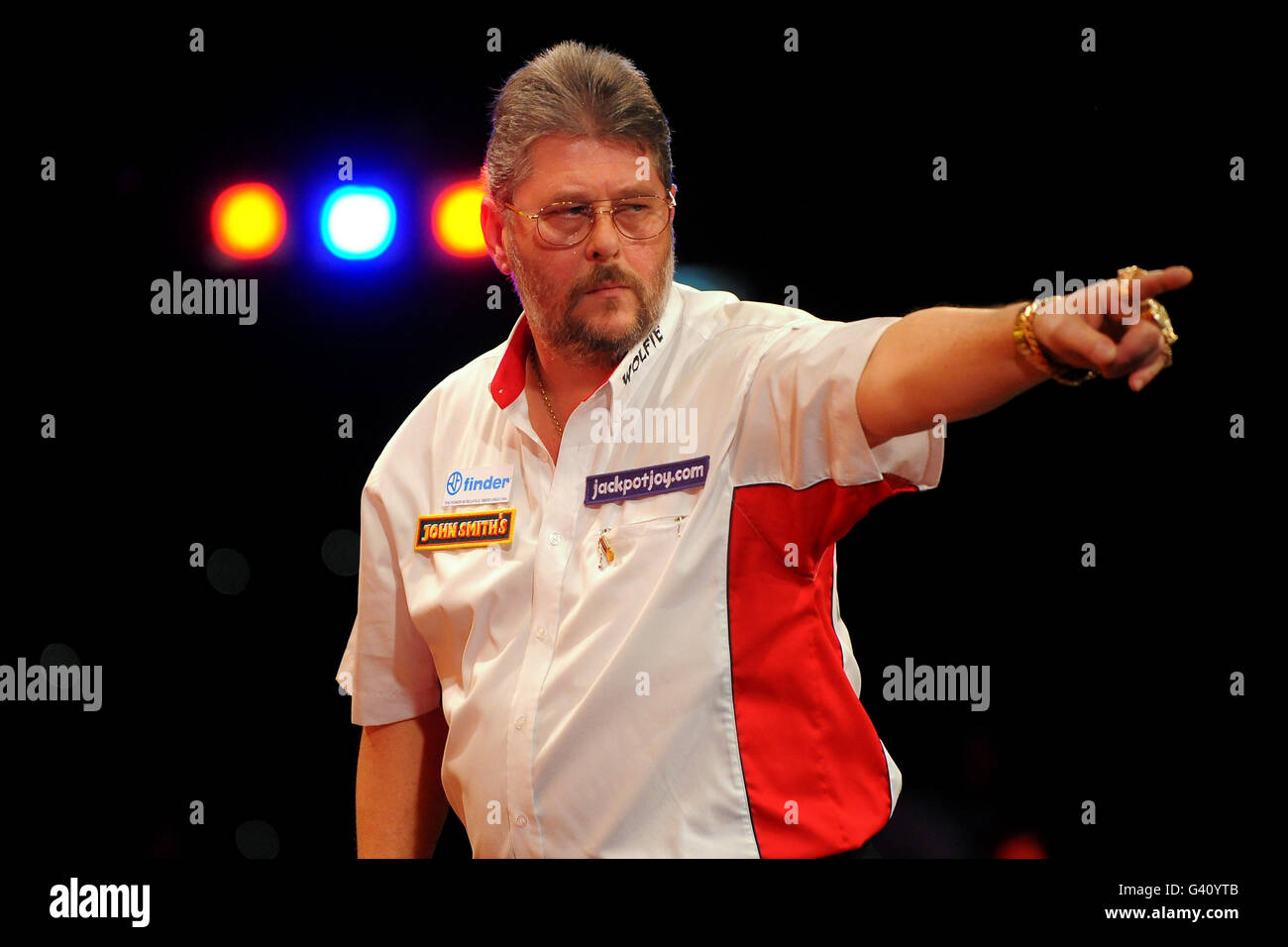 England's Martin Adams celebrates during his match against England's Dean Winstanley during the BDO World Professional Darts Championship at the Lakeside Complex, Surrey. Stock Photo
