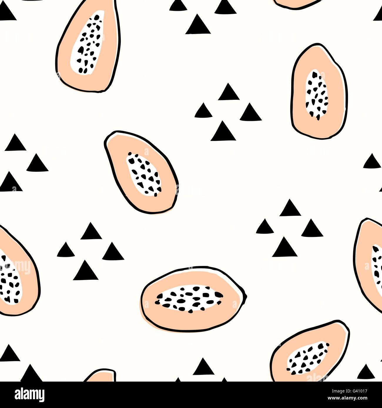 Seamless repeating pattern with hand drawn papayas and triangle shapes ...