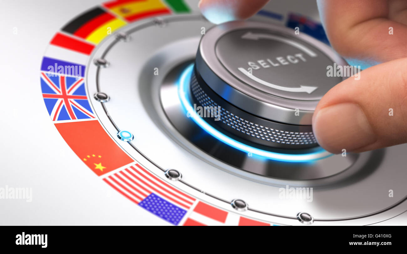 Hand turning a selection knob with many different flags around it. Concept of languages and multilingual support. Composite imag Stock Photo