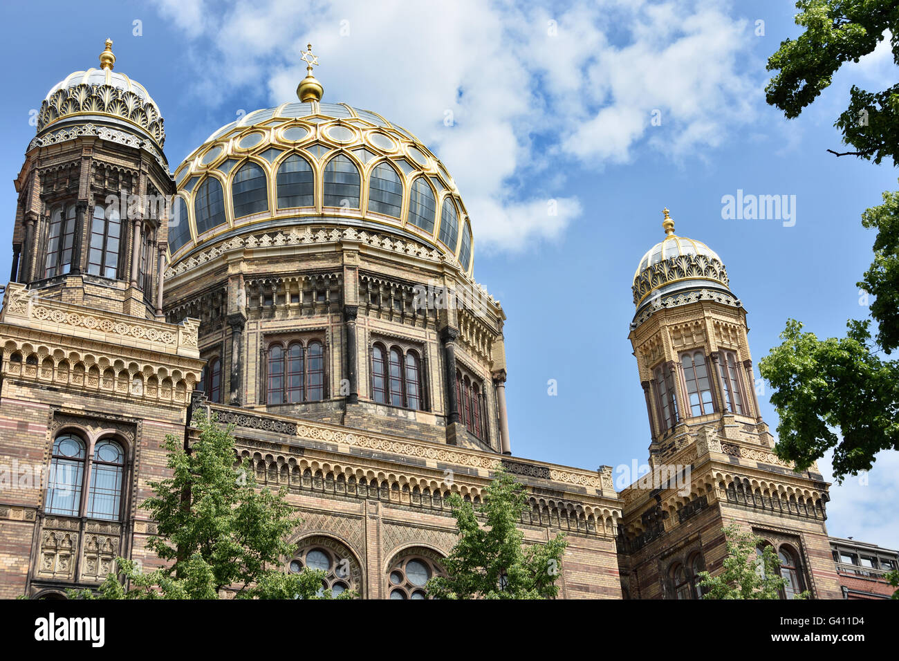 The Neue Synagoge (New Synagogue) 1859–1866 main synagogue of the Berlin Jewish community, on Oranienburger Straße. Because of its splendid eastern Moorish style and resemblance to the Alhambra. Oranienburger Strasse Mitte Berlin Germany Stock Photo