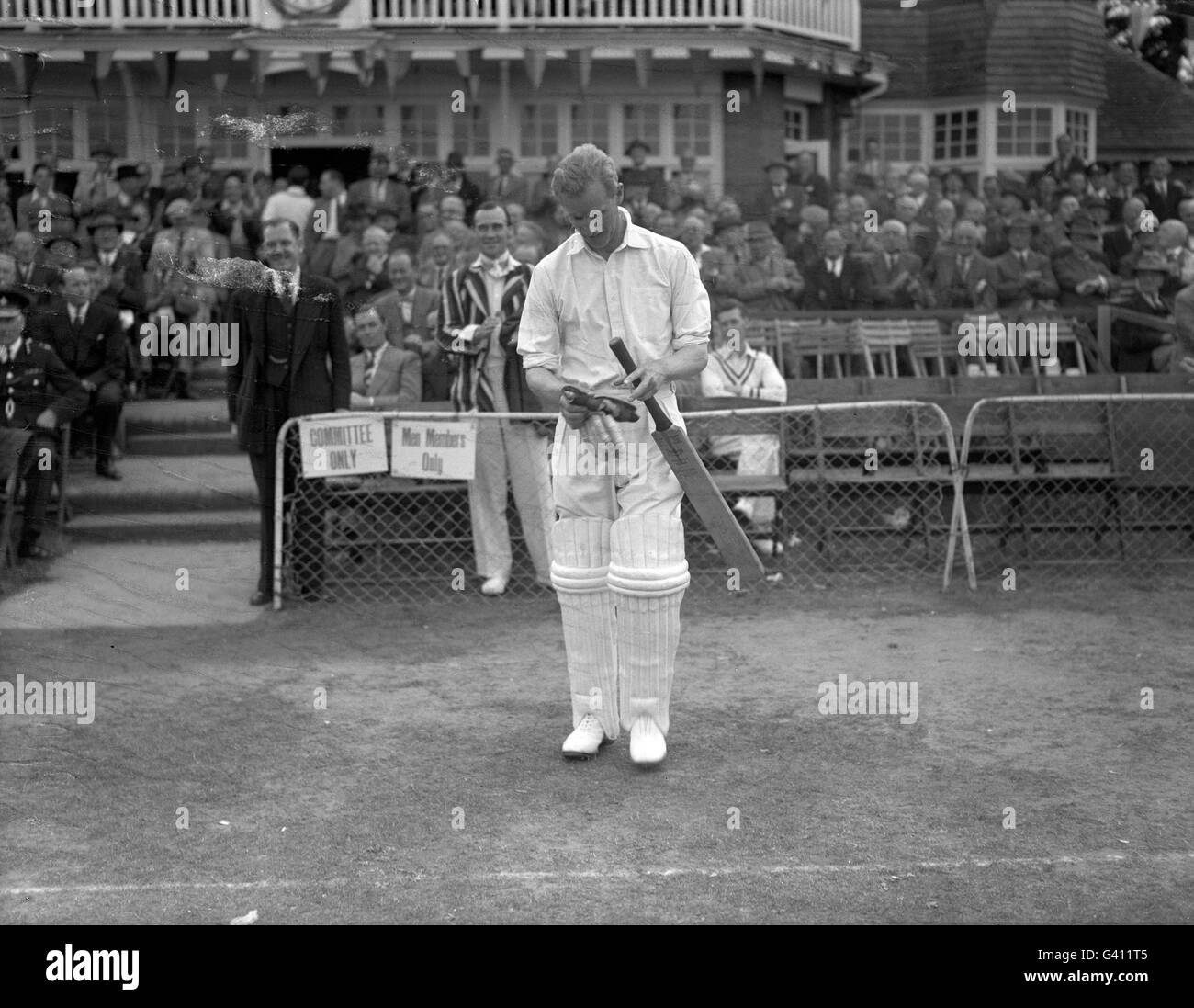 Prince Philip, Duke of Edinburgh prepares himself for the cricket match between the Duke's County Players Team and Hampshire in a match to aid the National Playing Fields Association. *damaged plate* Stock Photo