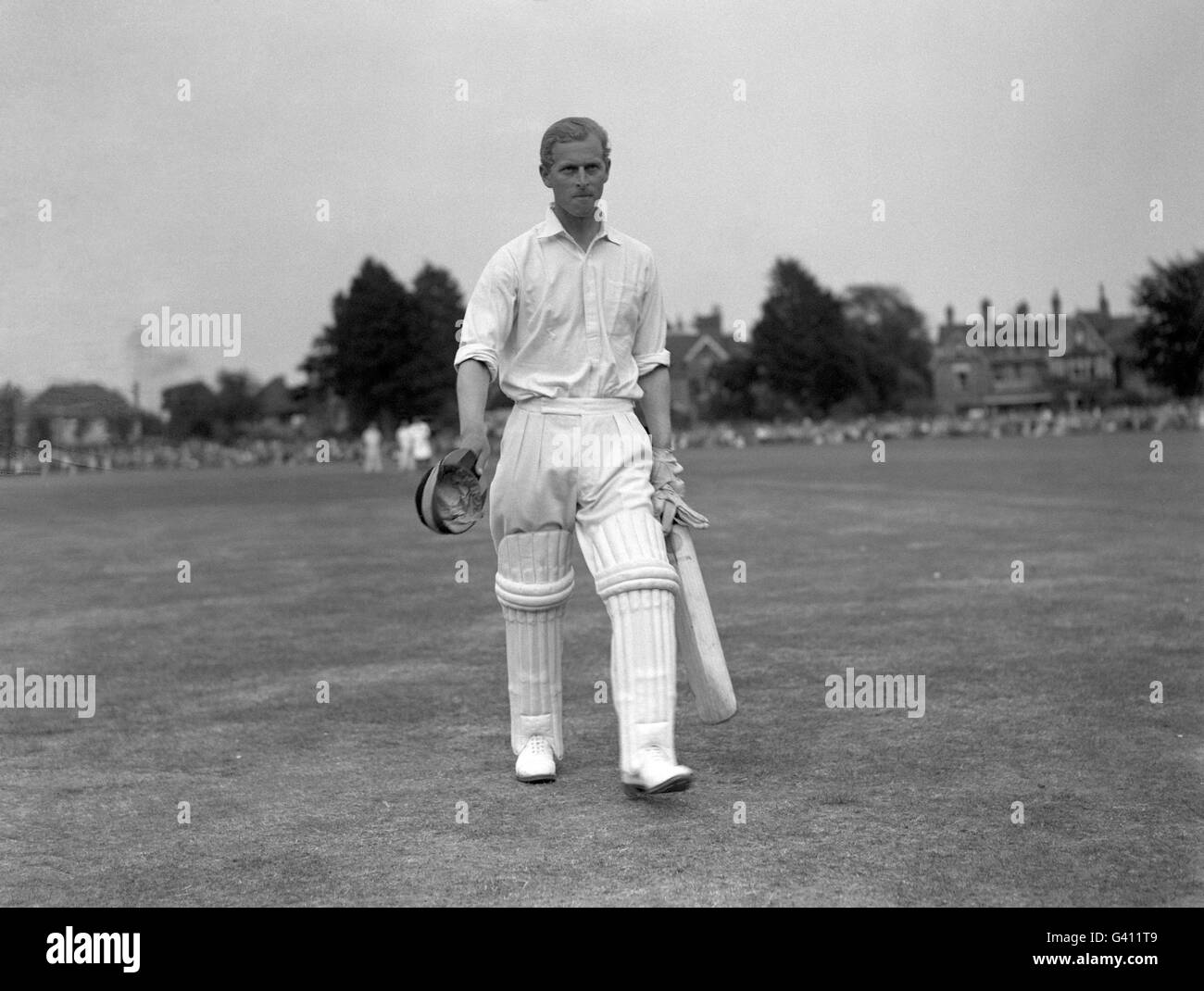 Prince Philip, Duke of Edinburgh walks out on to the pitch at Dean Park, Bournemouth for the match between the Duke's County Players Team and Hampshire in a match to aid the National Playing Fields Association. Stock Photo
