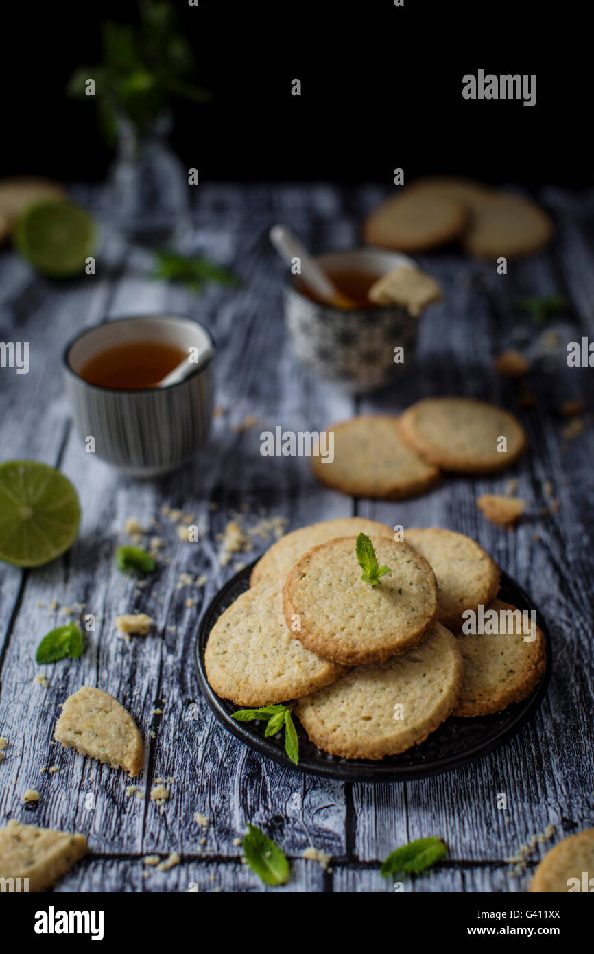 Deliciuos gluten free butter cookies with a nice melt-in-your-mouth sandy texture and a hint of oat flour, flavored with lime ze Stock Photo