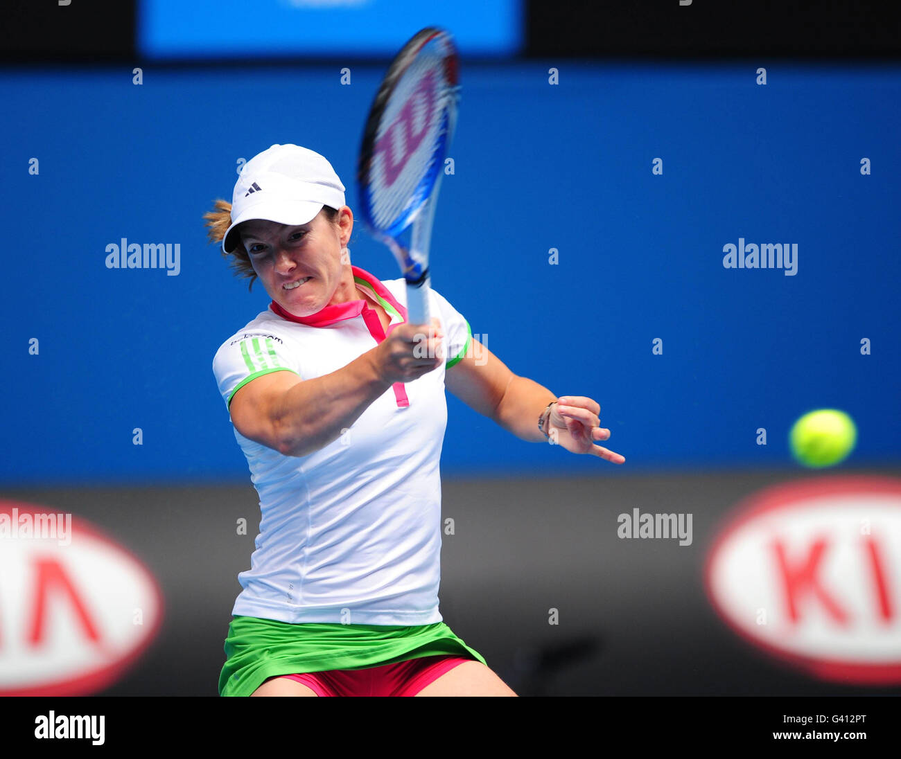 Belgium's Justine Henin in action against Great Britain's Elena Baltacha during day three of the 2011 Australian Open at Melbourne Park in Melbourne, Australia. Stock Photo