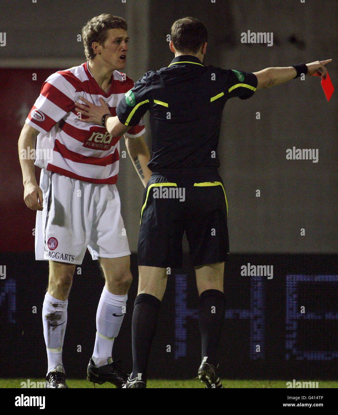 Hamilton's Jim McAlister is sent off by referee Willie Collum during ...
