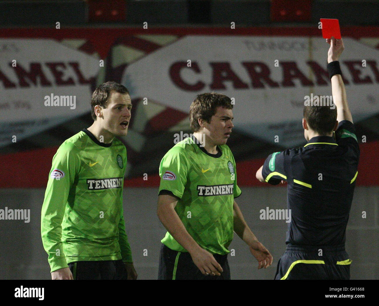 Celtic's James Forrest is sent off by referee Willie Collum during the ...