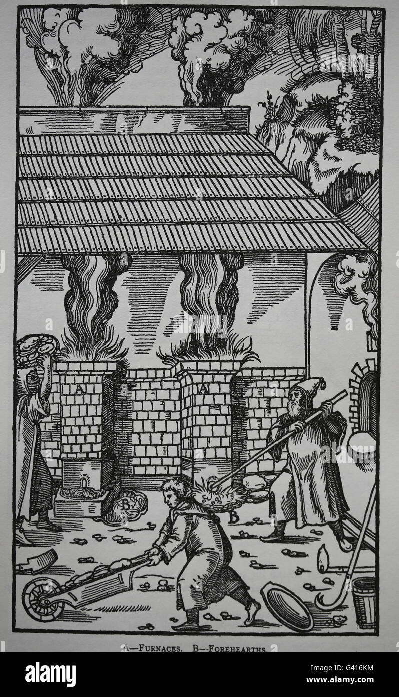 George Agricola (1494-1555) . De Re Metallica, 1556. Book IX. Methods of smelting ores. A. Furnaces. B. Forehearths. Stock Photo