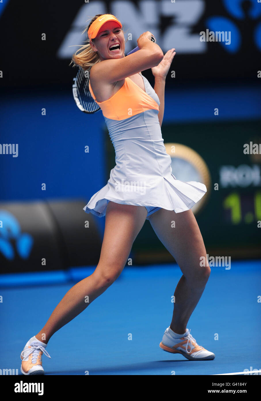 Russia's Maria Sharapova in action against Thailand's Tamarine Tanasugarn during day one of the 2011 Australian Open at Melbourne Park in Melbourne, Australia. Stock Photo