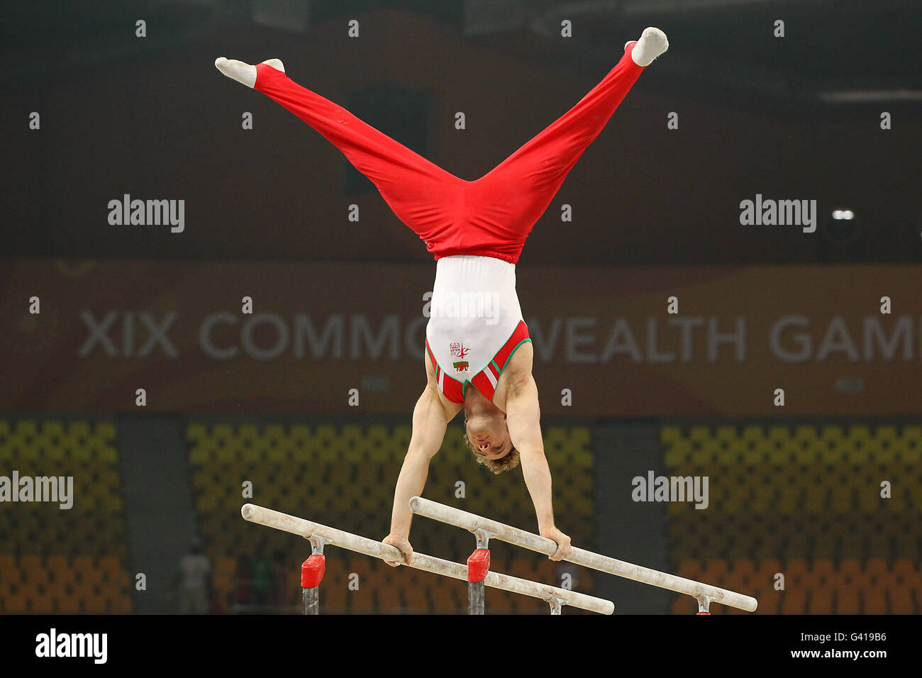 Wales' Clinton Purnell in action on the Parallel bars during the Men's Artistic Gymnastics Stock