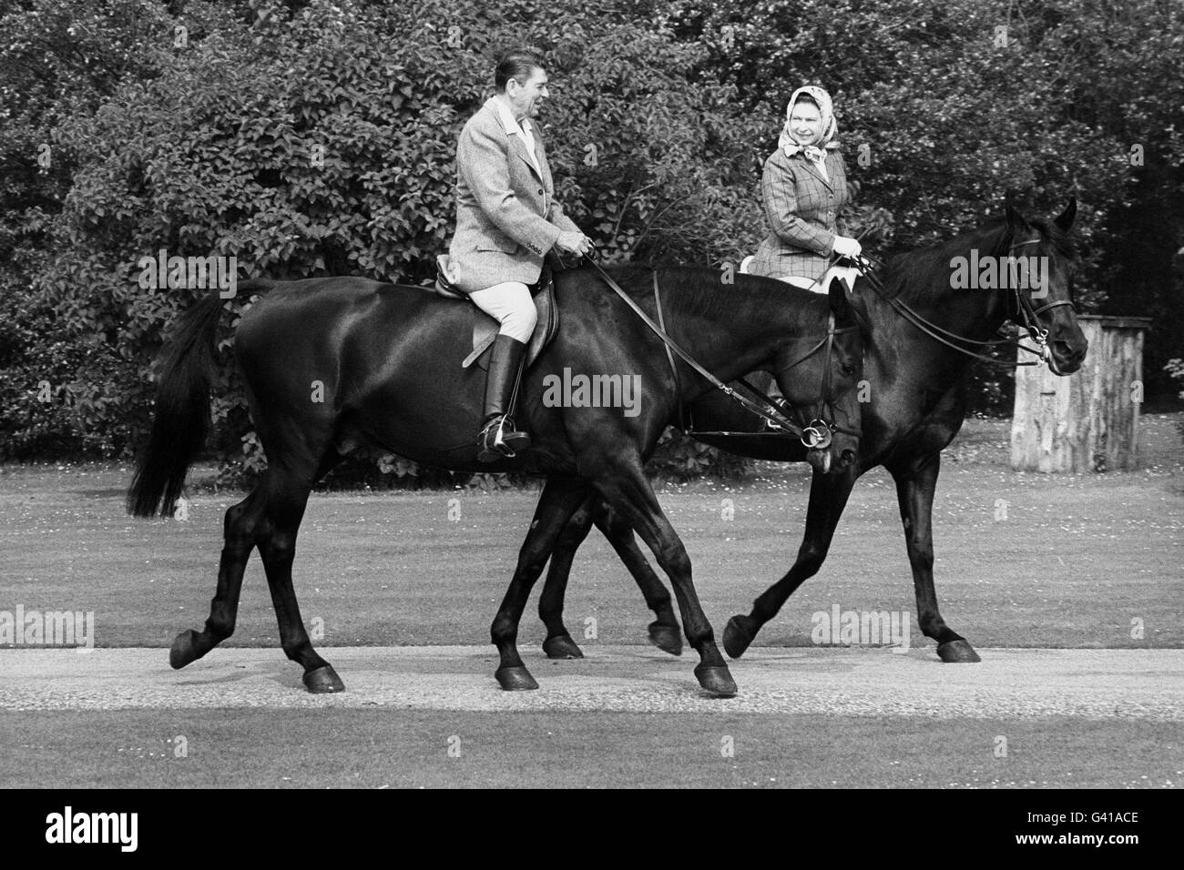Queen Elizabeth II, up on Burmese, with her guest US President Ronald Reagan, up on Centennial, set off on a ride through Windsor Home Park. Stock Photo