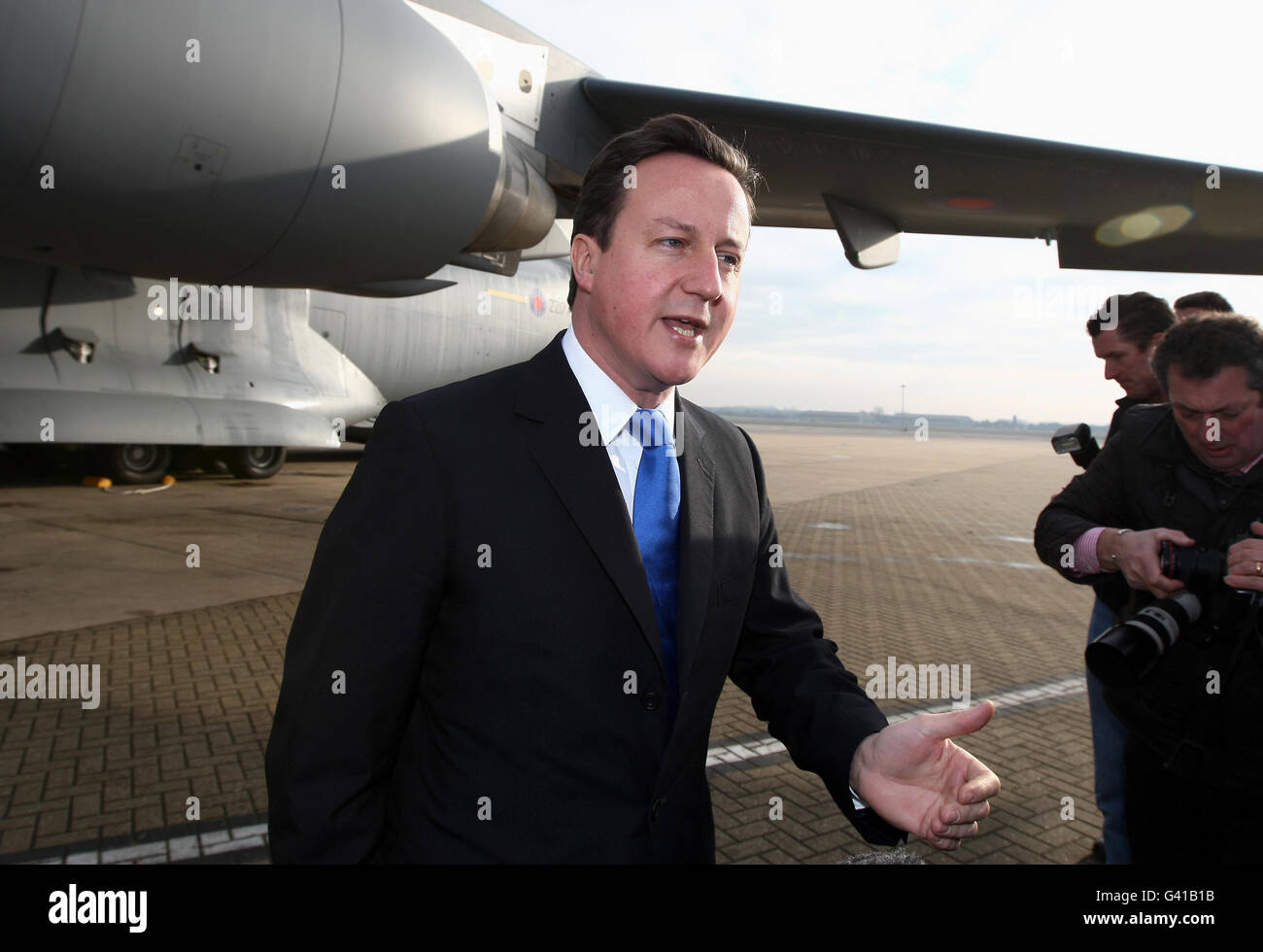 Prime Minister David Cameron speaks at RAF Brize Norton, as the RAF takes delivery of a new C-17 transport aircraft today. Stock Photo