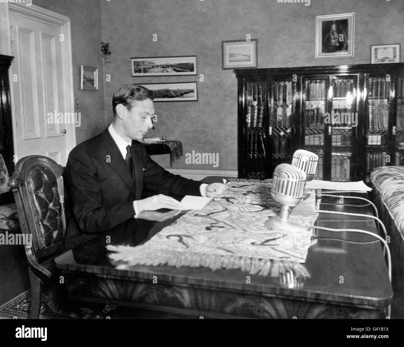 King George VI giving an Empire Day broadcast from Government House, Winnipeg. Stock Photo