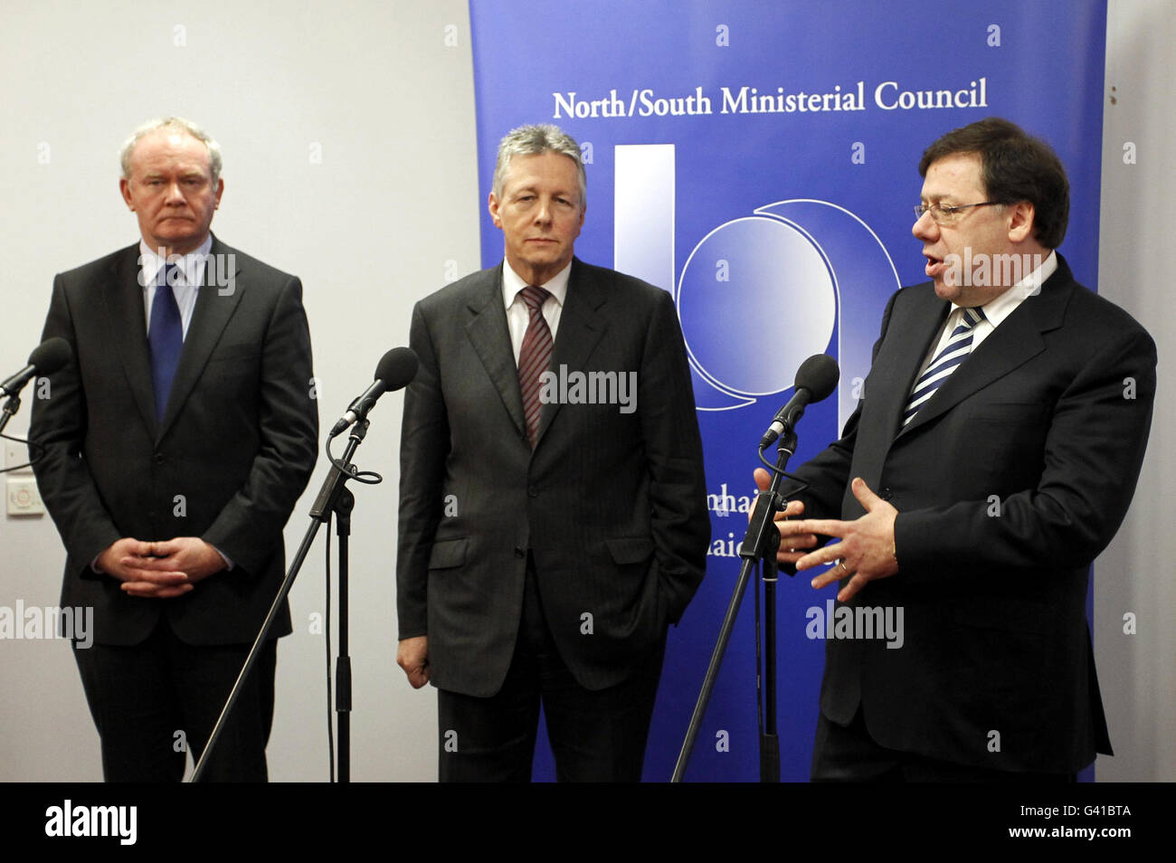 Taoiseach Brian Cowen (right), First Minister Peter Robinson (centre) and Deputy First Minister Martin McGuinness during a North South Ministerial Council meeting in Armagh. Stock Photo