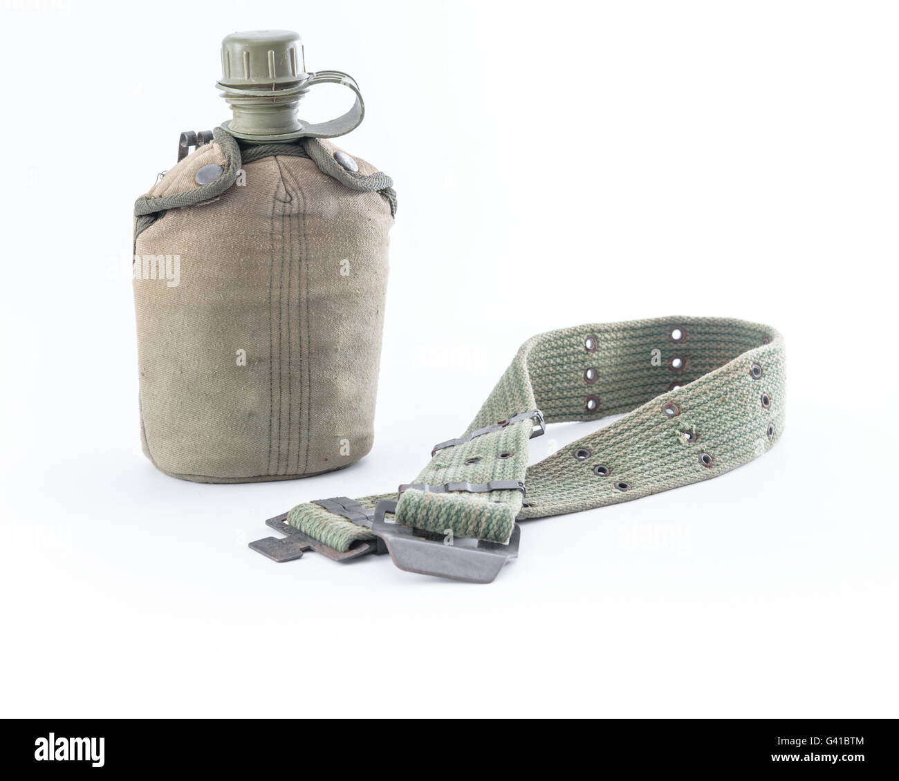 Military canteen and army belt on white background Stock Photo Alamy