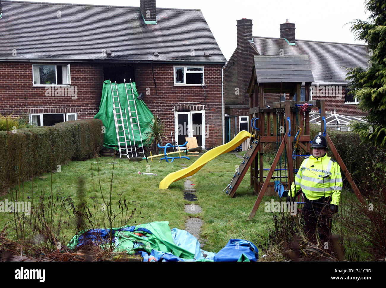The scene in Hulland Ward, near Ashbourne, Derbyshire where four young children died in a house fire in a village last night. Stock Photo