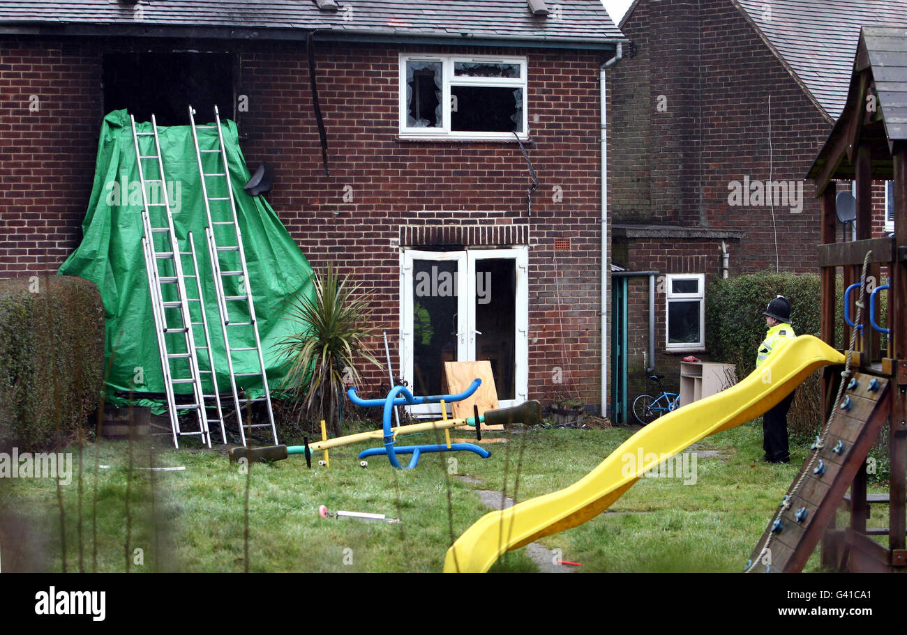 The scene in Hulland Ward, near Ashbourne, Derbyshire where four young children died in a house fire in a village last night. Stock Photo