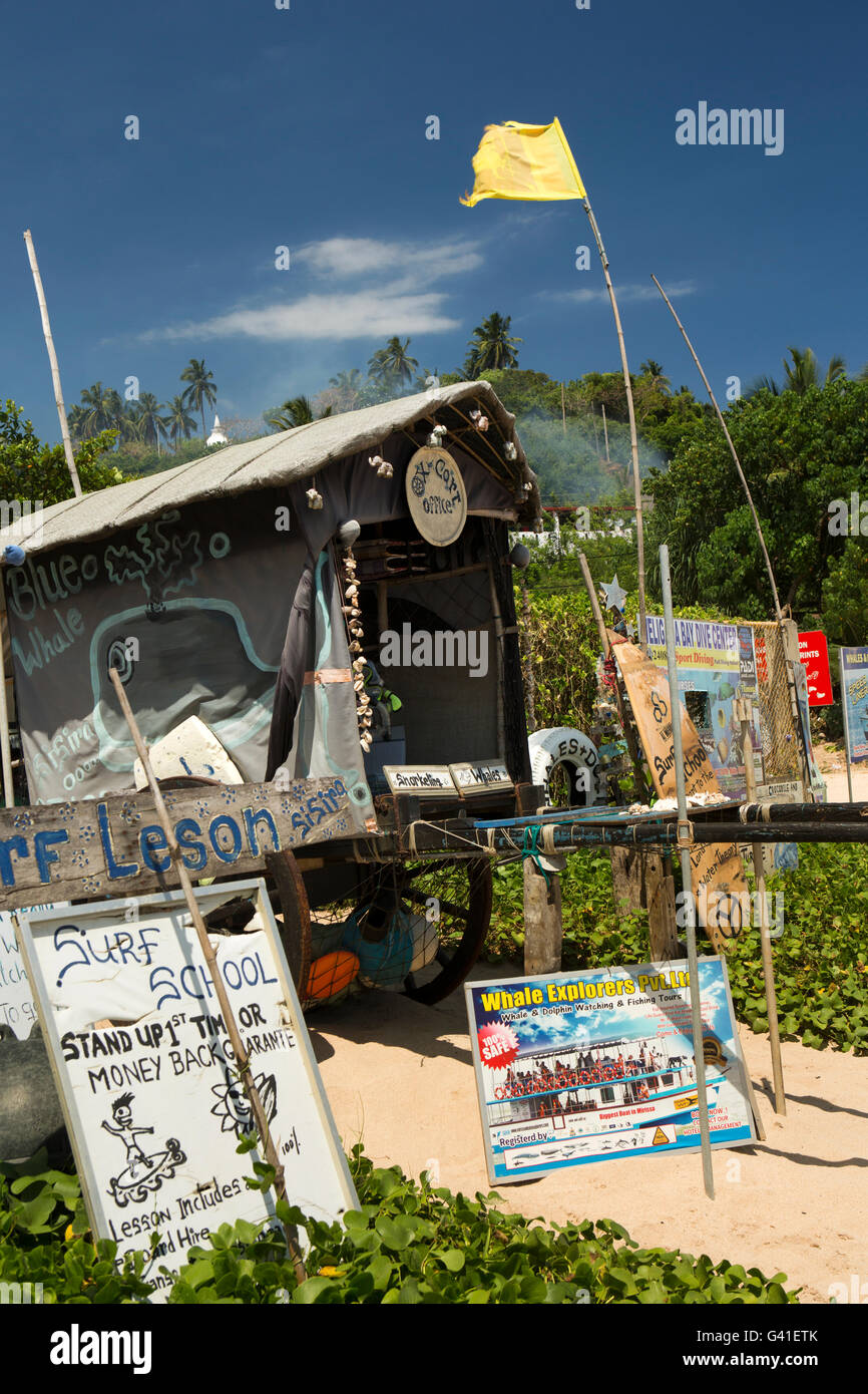 Sri Lanka, Mirissa beach, surf school signs outside unique ox cart office Stock Photo