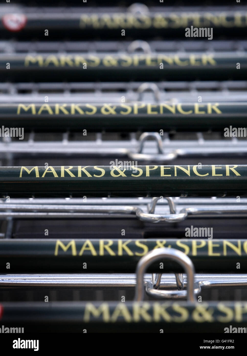 Stock photograph showing shopping trolleys outside a Marks and Spencer shop in Dunblane, Scotland. Stock Photo