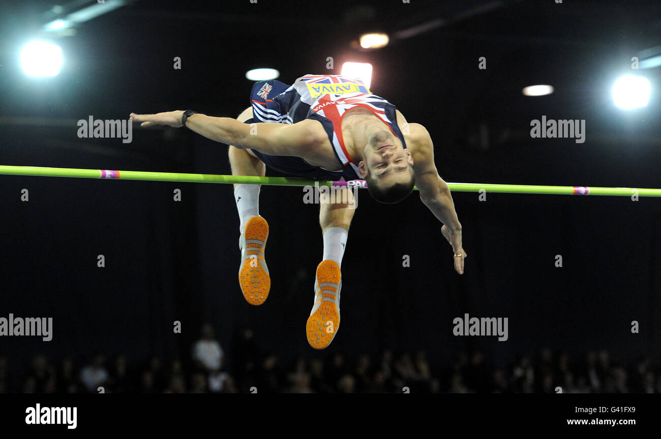 Great Britain's Tom Parsons in the Men's High Jump during the Aviva International Match at Kelvin Hall, Glasgow. Stock Photo