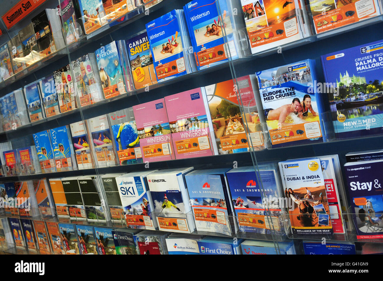 Generic view of holiday brochures. Thompson travel and First Choice are