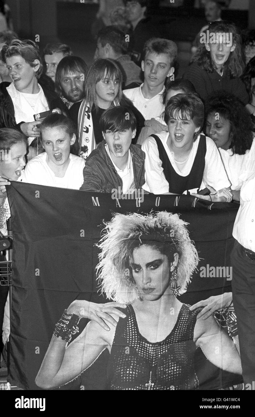 Music - Madonna 'Who's That Girl World Tour' - Heathrow Airport. Fans wait for the arrival of Madonna at Heathrow Airport Stock Photo