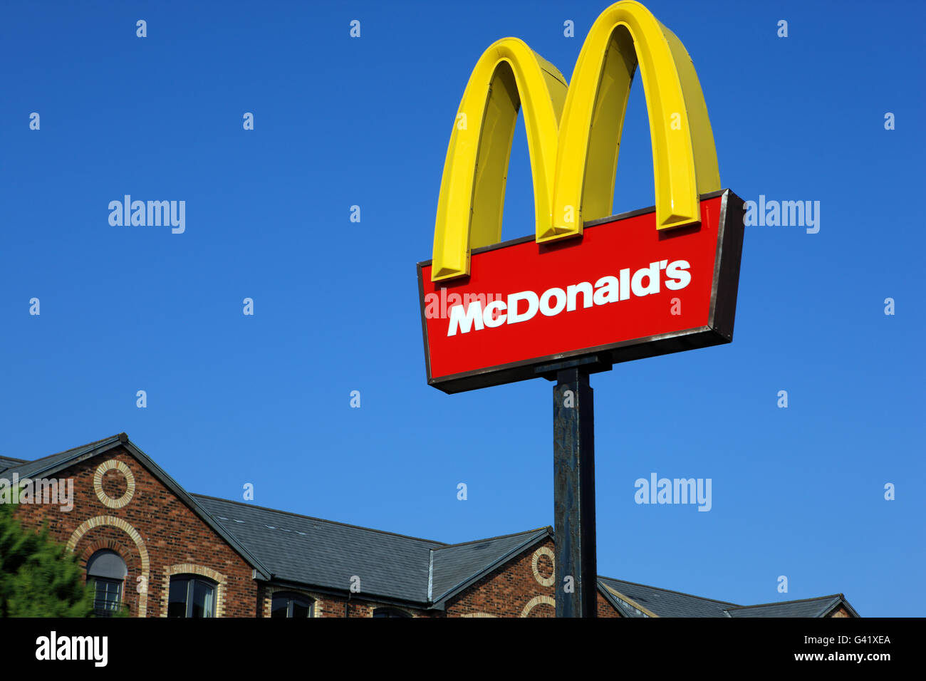 McDonald's sign outside the McDonald's fast food and drive thru restaurant in Greenock, Inverclyde, Scotland Stock Photo