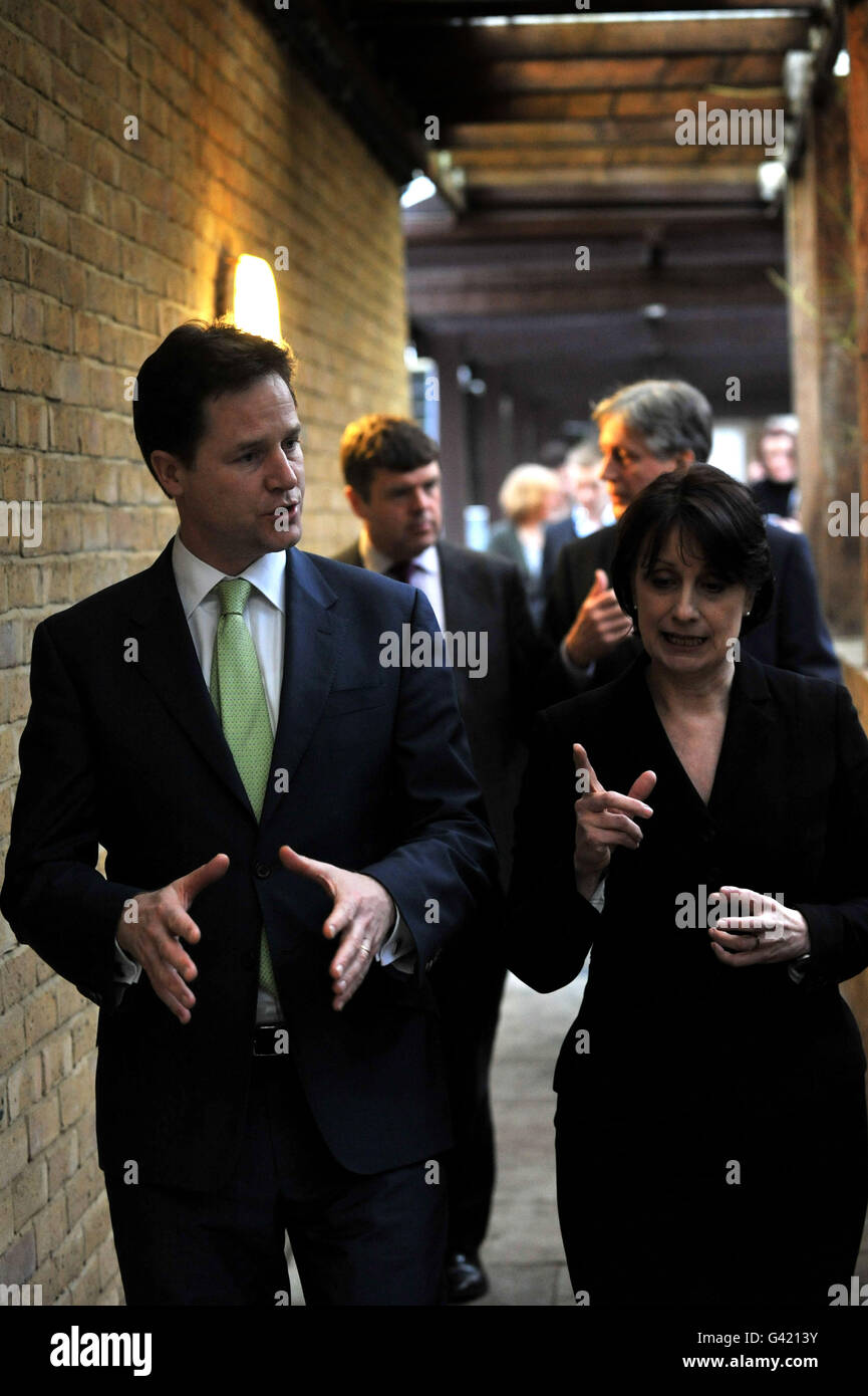 Deputy Prime Minister Nick Clegg talks with Head of Centre and Senior Family Pschotherapist Brenda McHugh during a visit to the Marlborough Centre, north London, ahead of the publication of the coalition government's Mental Health Strategy. Stock Photo