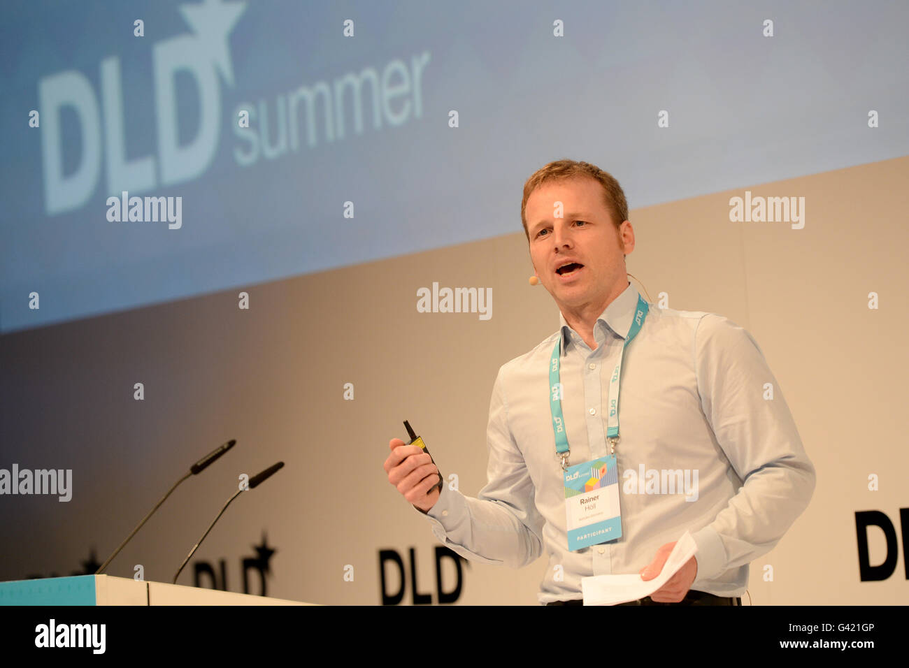 MUNICH/GERMANY - JUNE 16: Rainer Höll (Ashoka Germany ) gestures speaking onstage during the DLDsummer Conference 2016 at Haus der Kunst, Munich. DLDsummer takes place June 16-17, 2016 and focuses on the changing through digitalization in the areas of life, work and business (Photo: picture alliance for DLD/Jan Haas) | usage worldwide Stock Photo