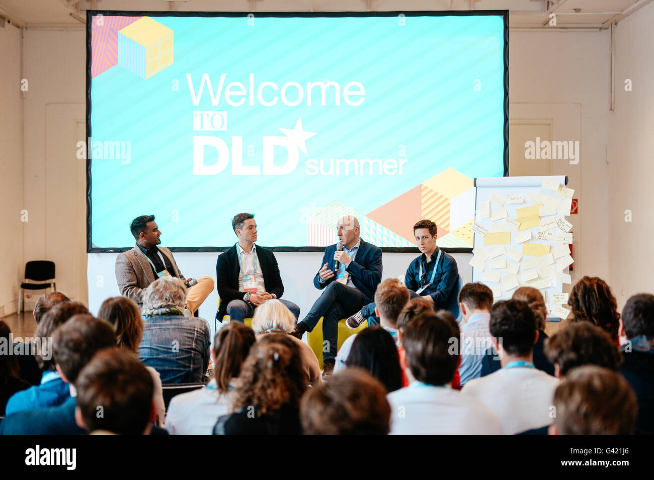 MUNICH/GERMANY - JUNE 16: Daniel Ramamoorthy (Serial Entrepreneur), Felix Reinshagen (NavVis), Sven Scheuble (Siemens TTB), Daniel Strohmayr (tacterion) talk togehter onstage during the DLDsummer Conference 2016 at Haus der Kunst, Munich. DLDsummer takes place June 16-17, 2016 and focuses on the changing through digitalization in the areas of life, work and business (Photo: picture alliance for DLD/Jan Haas) | usage worldwide Stock Photo