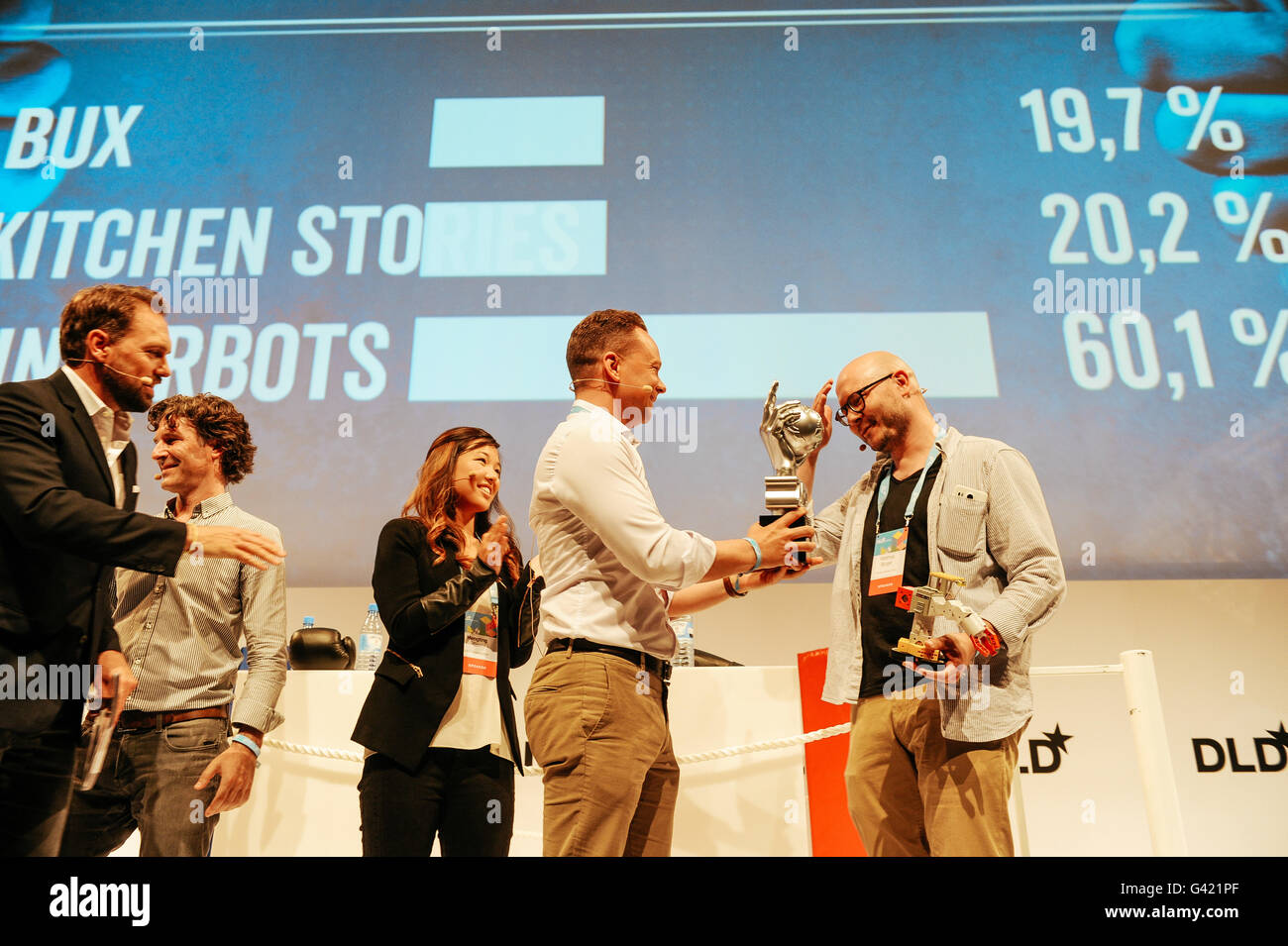 MUNICH/GERMANY - JUNE 16: Matthias Bürger (Tinkerbots Kinematics GmbH, r.)  wins the Seven Ventures Pitch Day during the DLDsummer Conference 2016 at  Haus der Kunst, Munich. DLDsummer takes place June 16-17, 2016