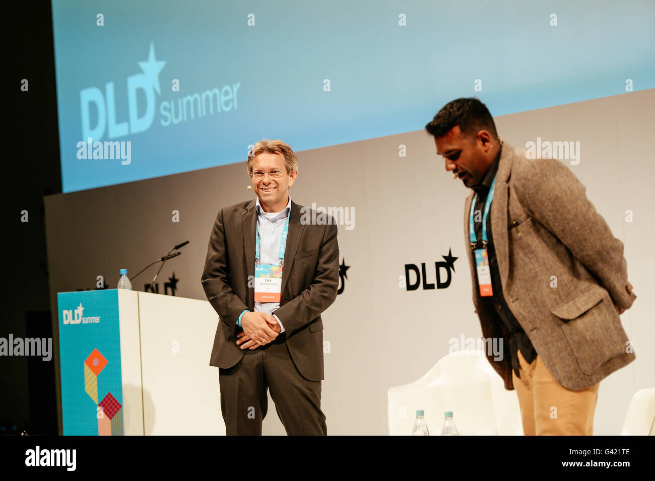 MUNICH/GERMANY - JUNE 16: Dirk Mühlenberg (IBM, l.) talks with Entrepreneur Daniel Ramamoorthy onstage during the DLDsummer Conference 2016 at Haus der Kunst, Munich. DLDsummer takes place June 16-17, 2016 and focuses on the changing through digitalization in the areas of life, work and business (Photo: picture alliance for DLD/Jan Haas) | usage worldwide Stock Photo