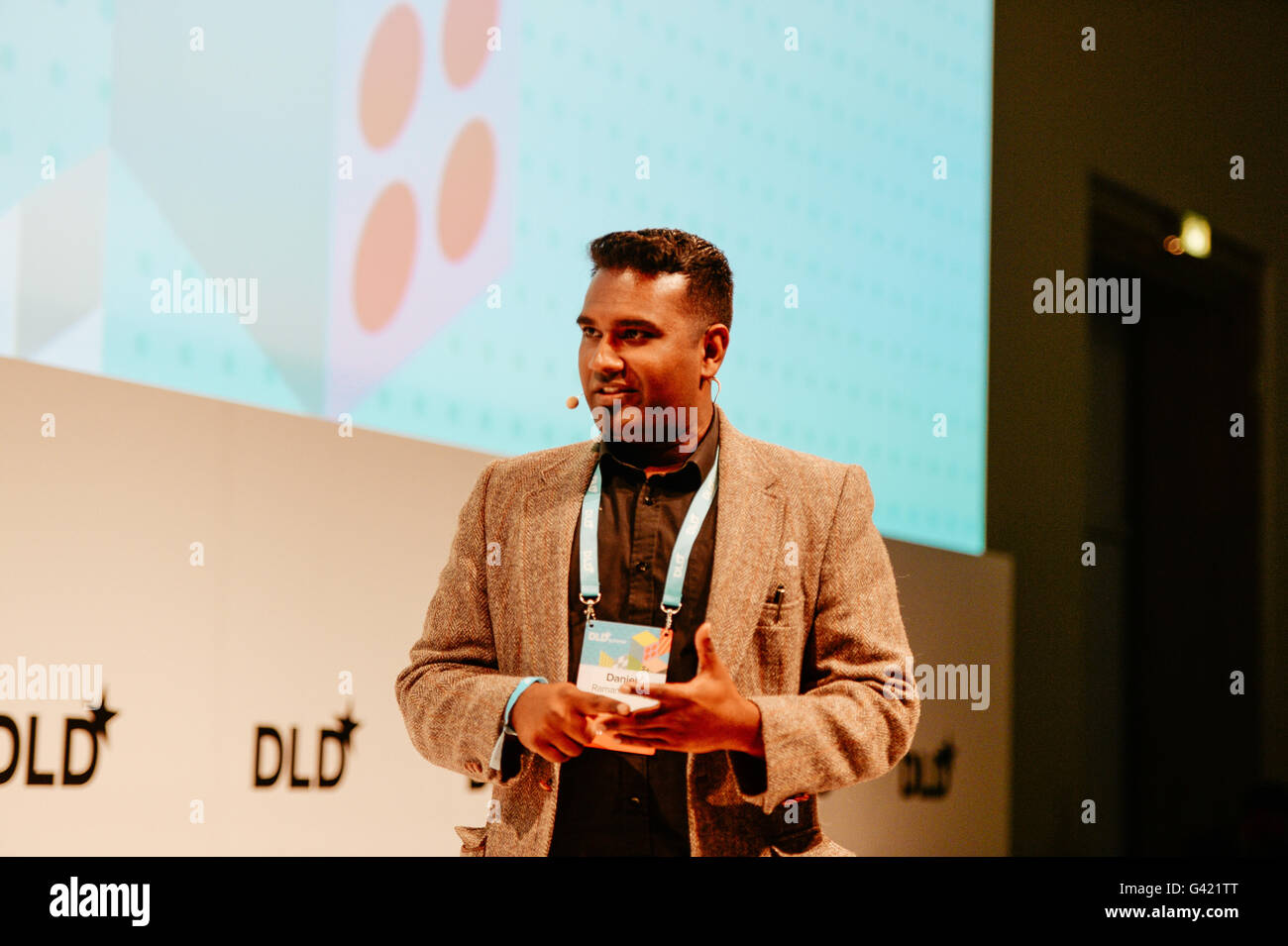 MUNICH/GERMANY - JUNE 16: Entrepreneur Daniel Ramamoorthy speaks onstage during the DLDsummer Conference 2016 at Haus der Kunst, Munich. DLDsummer takes place June 16-17, 2016 and focuses on the changing through digitalization in the areas of life, work and business (Photo: picture alliance for DLD/Jan Haas) | usage worldwide Stock Photo