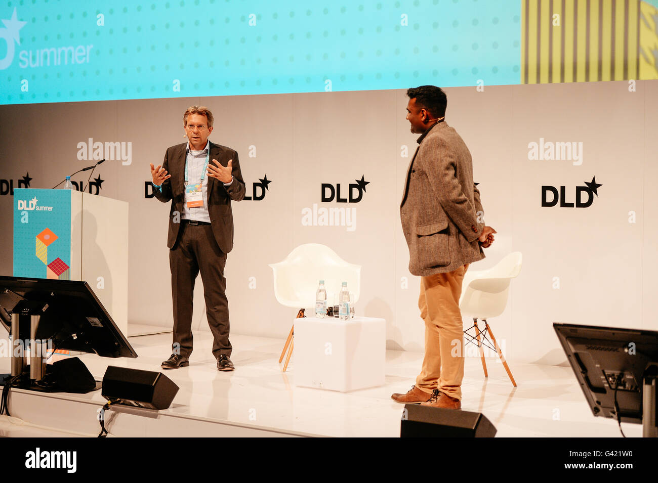 MUNICH/GERMANY - JUNE 16: Dirk Mühlenberg (IBM, l.) talks with Entrepreneur Daniel Ramamoorthy onstage during the DLDsummer Conference 2016 at Haus der Kunst, Munich. DLDsummer takes place June 16-17, 2016 and focuses on the changing through digitalization in the areas of life, work and business (Photo: picture alliance for DLD/Jan Haas) | usage worldwide Stock Photo