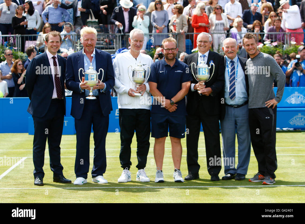 Queens Club, London, UK. 17th June, 2016. Aegon Queens Tennis Championships Day Five. The tournament celebrated its four time champions on Centre Court this afternoon with presentations of quarter sized trophies to four-time champions Boris Becker, John McEnroe, Roy Emerson and Lleyton Hewitt. The presentation party comprised Tournament Director Stephen Farrow, Tournament Referee Jim Moore and Graham Kimpton, Head Groundsman at the Queen's Club. Credit:  Action Plus Sports/Alamy Live News Stock Photo
