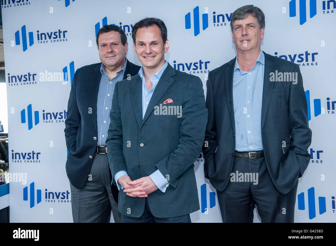 London, UK. 16th June, 2016. Launch of Invstr app at skylight, Millbank Tower. L-R Dogan Bolak, Kerim Derhalli and James Arscott   The app equips investors with sophisticated market data and financial news on their smartphones demystfying and democratising investment opportunities in the process or as the motto has it 'Finance Made Social' Stock Photo