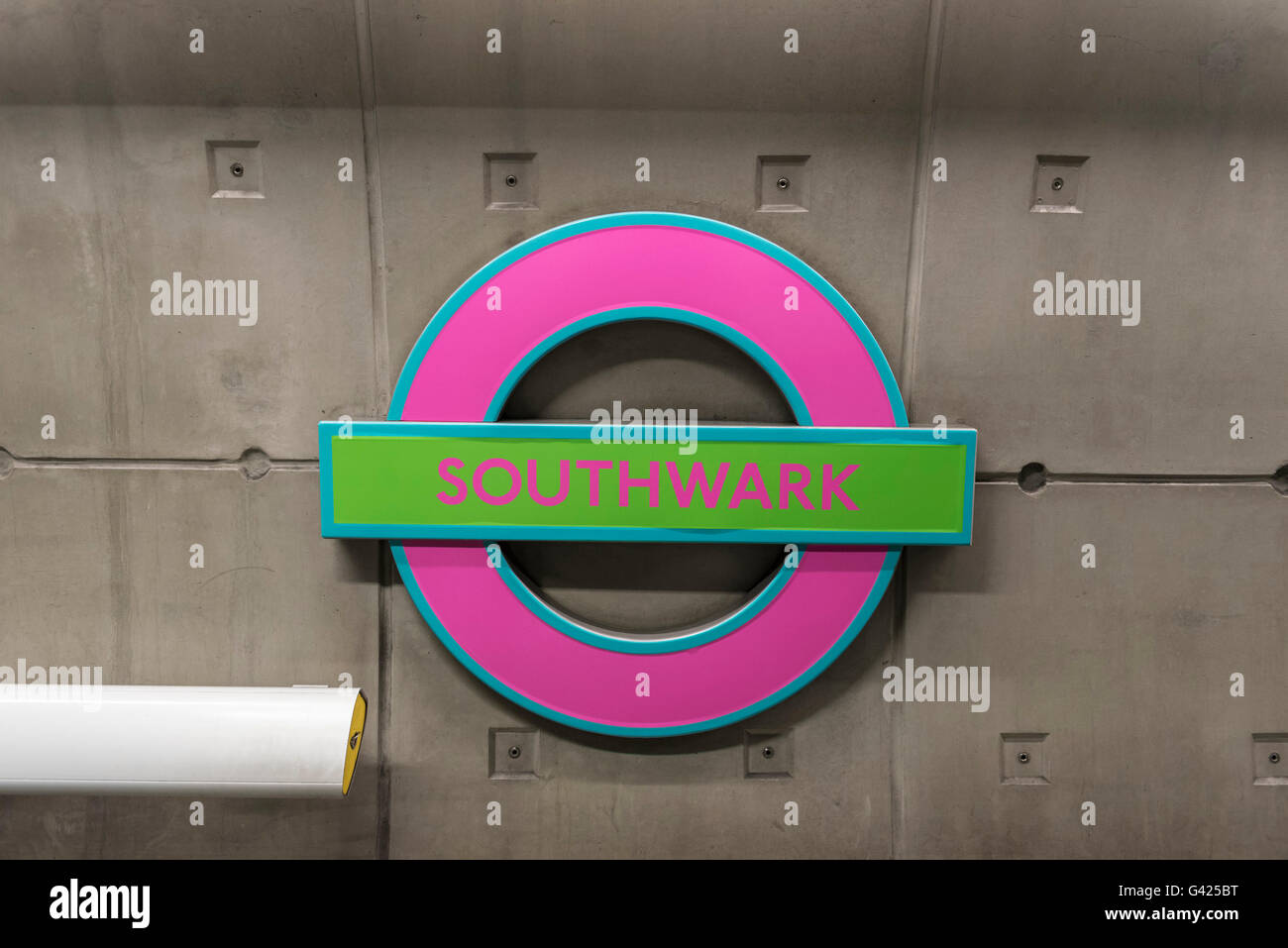 London, UK.  17 June 2016.  The roundels at Southwark tube station have received a special makeover to coincide with the opening of the new Tate Modern this weekend.  The new roundels have been specially commissioned by the Tate Modern with artwork by Sir Michael Craig-Martin which will be displayed until Sunday.   Credit:  Stephen Chung / Alamy Live News Stock Photo