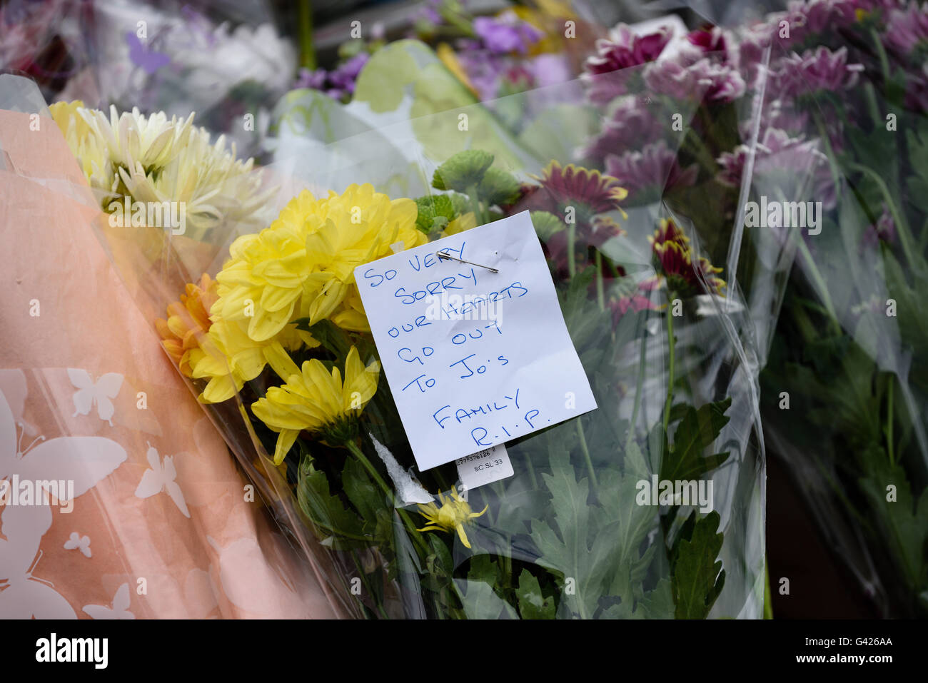Birstall,Yorkshire,UK17th June 2016.Flowers and messages left at
