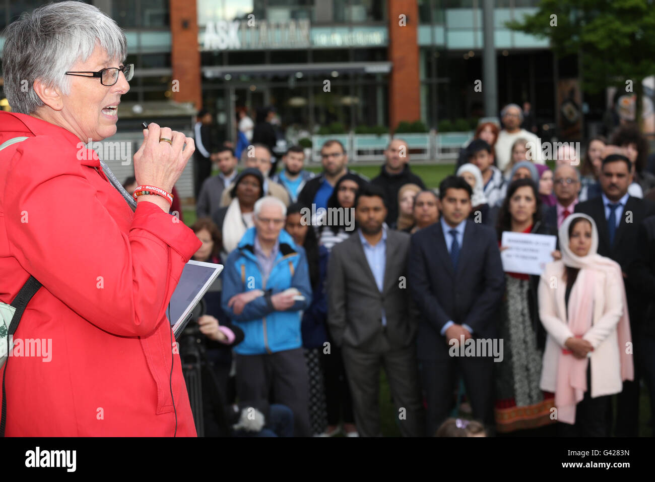 Manchester, UK. 17th June, 2016. Julie Ward MP speaking at a vigil in