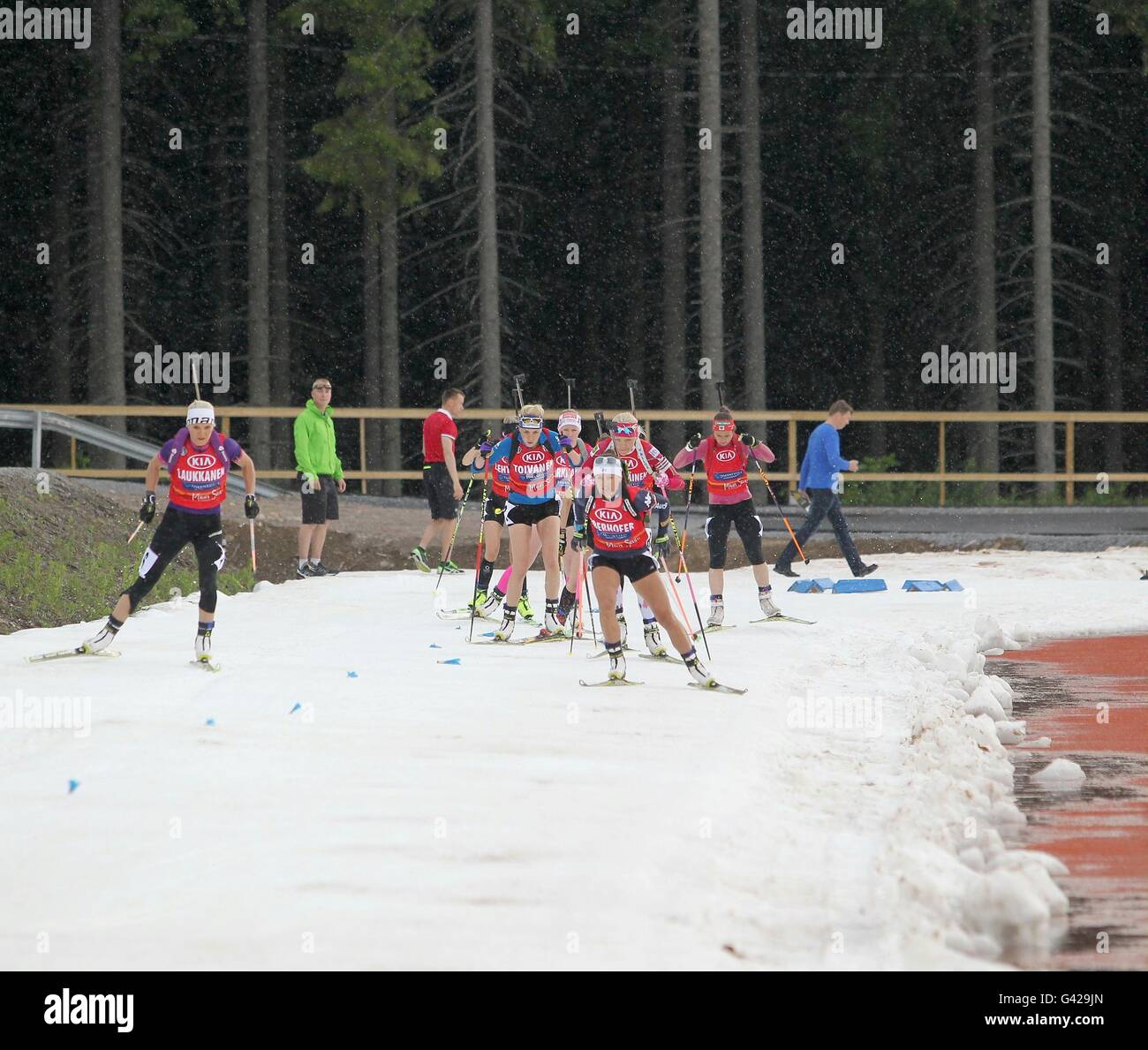 Imatra, Finland. 17th June, 2016. Skiers compete during a biathlon event in Imatra, Finland, on June 17, 2016. The some 500 meters long skiing track was made of last winter's natural snow. Eight skiers from Finland, Russia and Italy took part in the competition. © Li Jizhi/Xinhua/Alamy Live News Stock Photo