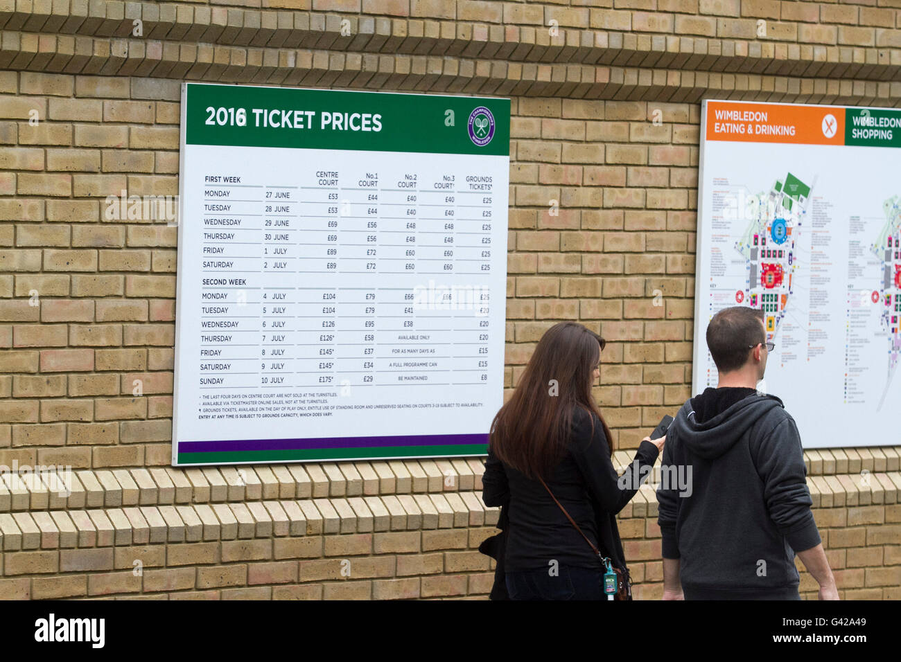 London, UK. 18th June, 2016. A board outside the All England Club displays the various ticket prices for the 2016 Wimbledon Tennis Championships Credit:  amer ghazzal/Alamy Live News Stock Photo
