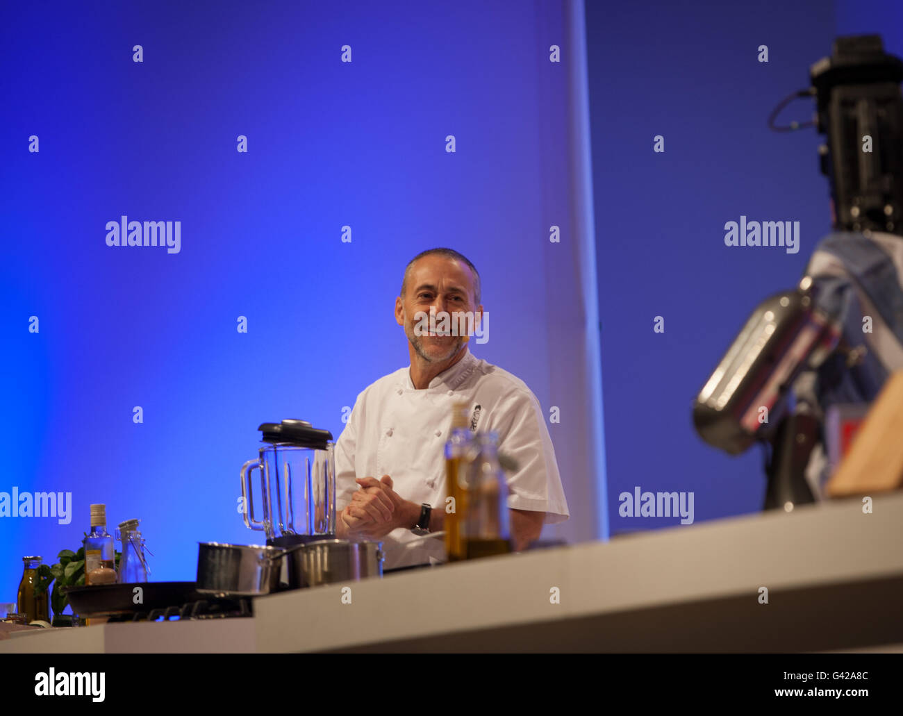 Birmingham, UK. 18th June, 2016. Michel Roux jr doing a cooking demo in the Super Theatre Credit:  steven roe/Alamy Live News Stock Photo
