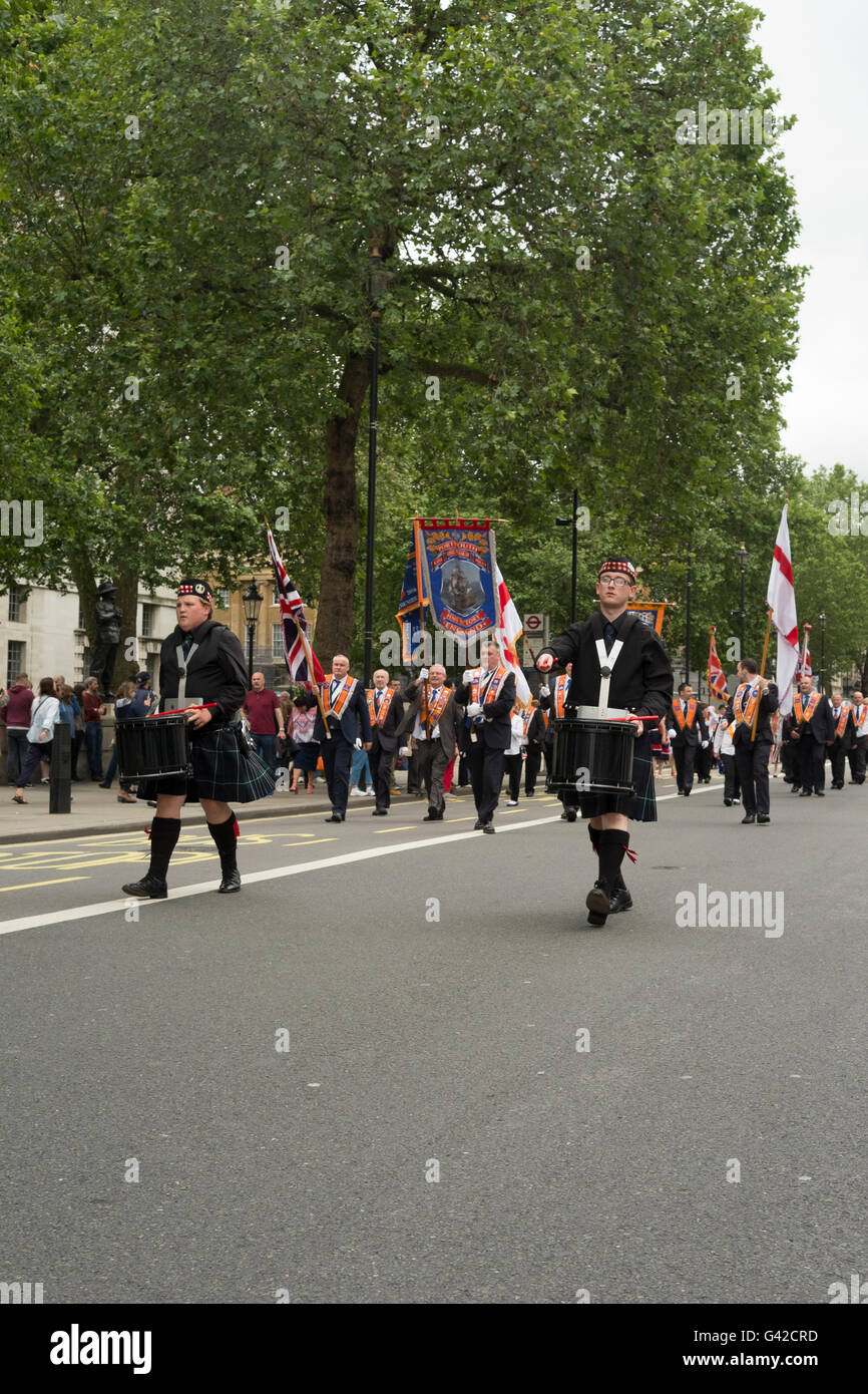 London, UK. 18th June, 2016. Grand Orange Lodge of England demonstrate ...