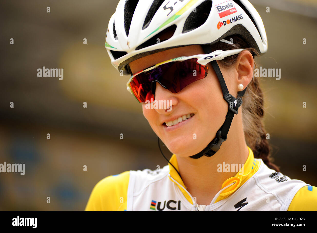 Nottingham to Stoke-on-Trent, UK. 18th June, 2016. Aviva Women's Tour Stage 4. Race leader Lizzie Armitstead (GBR) of Boels Dolmans Cycling Team before the start of the race. @ Credit:  David Partridge/Alamy Live News Stock Photo