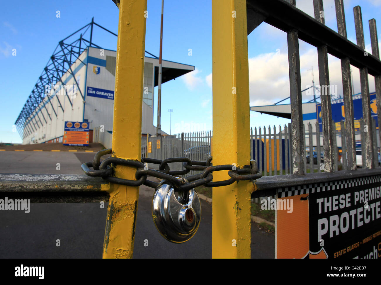 Soccer - Mansfield Town - Field Mill. Mansfield Town locked out of their home ground Field Mill after a rent dispute with landlord and former club chairman Keith Haslam. Stock Photo