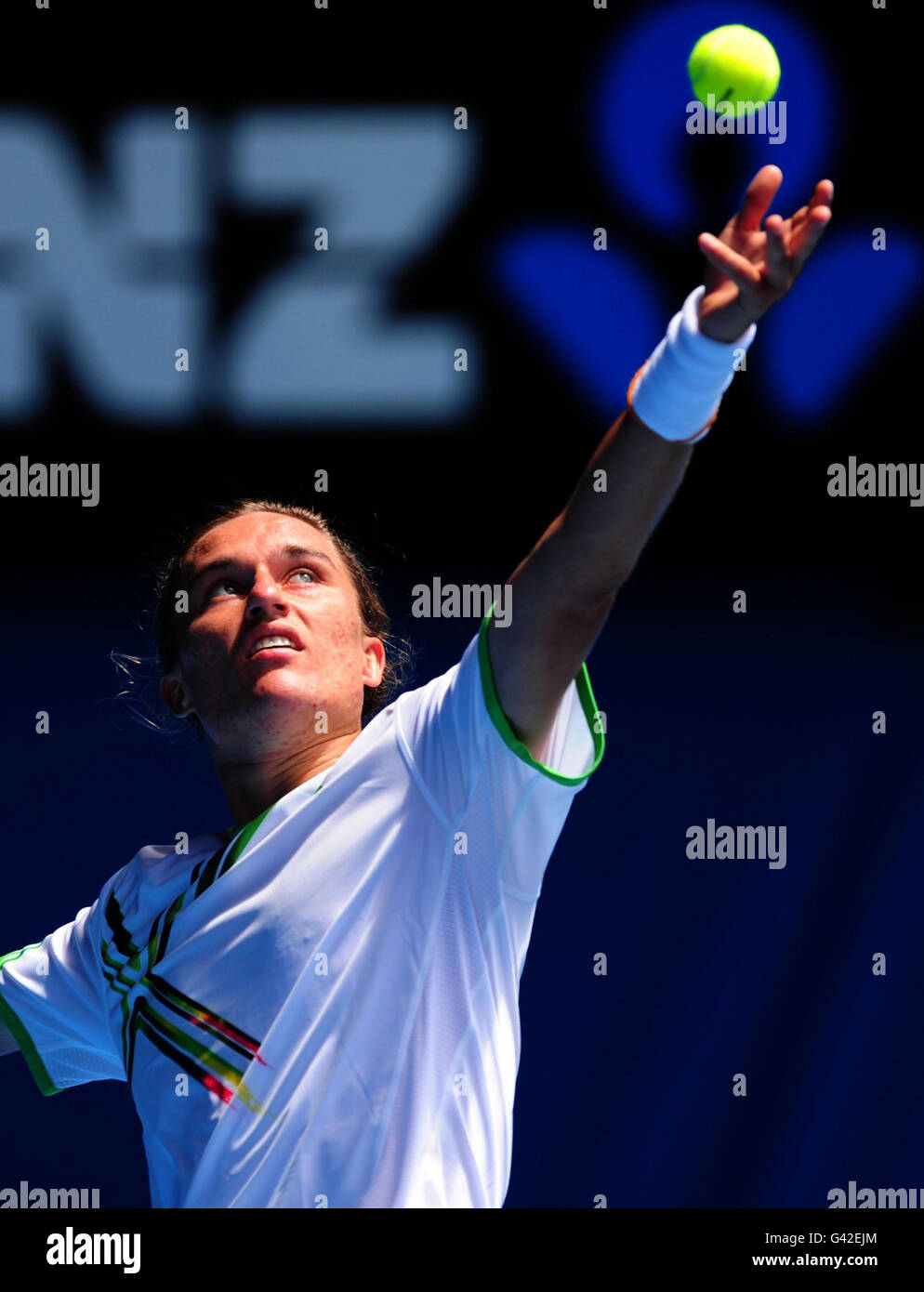 Ukraine's Alexandr Dolgopolov in action against Sweden's Robin Soderling during day eight of the 2011 Australian Open at Melbourne Park in Melbourne, Australia. Stock Photo