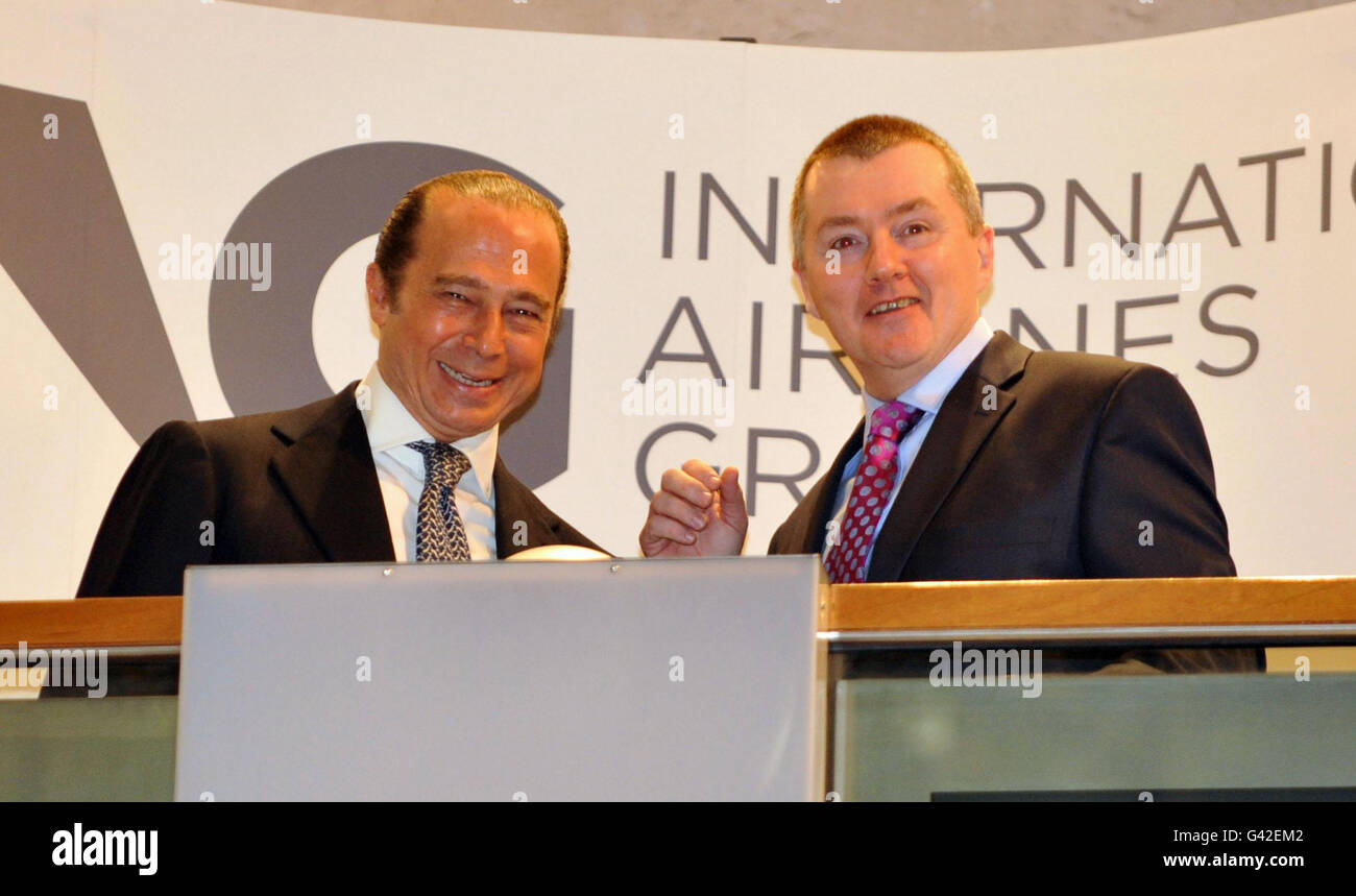 International Airlines Group (IAG) chairman Antonio Velasquez (left) and chief executive Willie Walsh (right), at the London Stock Exchange for the company's first day of trading. Stock Photo