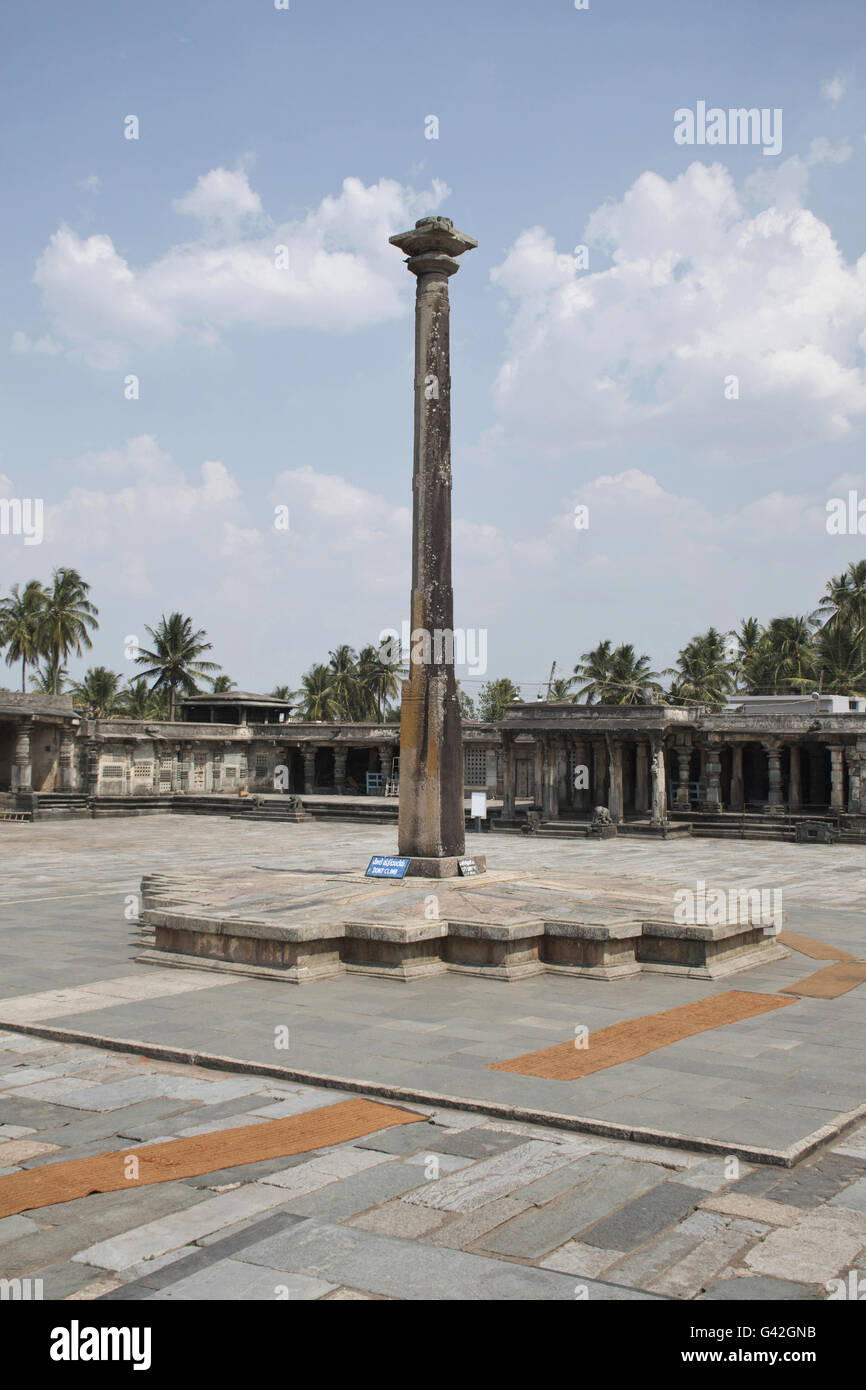 The lamp post in the South East courtyard, Chennakeshava temple complex, Belur, Karnataka, India. Also known as Gravity pillar. Stock Photo
